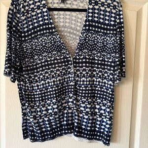 Talbots Black, Blue, & White Geo Print Short-Sleeve V-neck Lightweight Cardigan